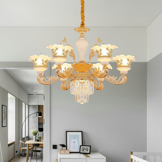 6-Light Gold Carved Cream Glass Chandelier With Crystal Accent - Postmodern Blossom Pendant