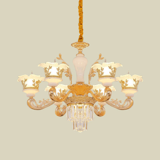 6-Light Gold Carved Cream Glass Chandelier With Crystal Accent - Postmodern Blossom Pendant