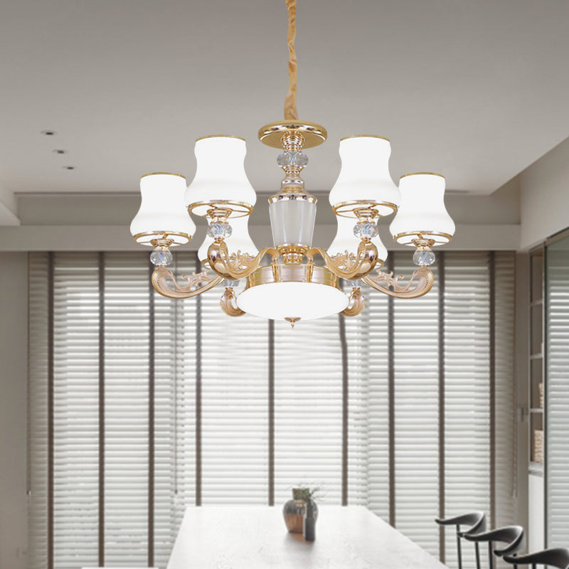 Modern Gold Carved Arm Milk Glass Chandelier - Bedroom Pendant With 6 Heads And Crystal Accents