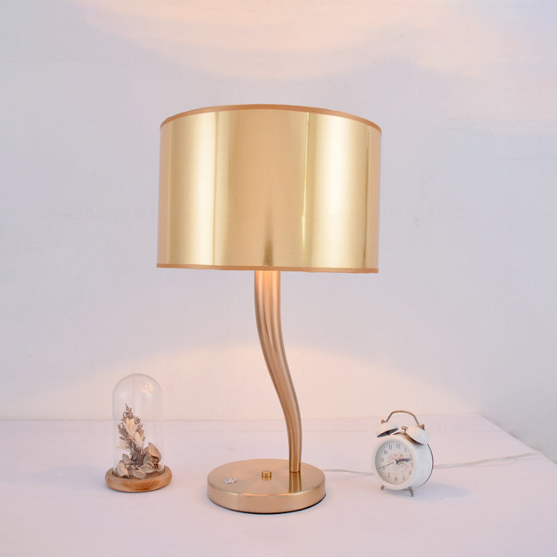 Modernist Gold Drum Nightstand Lamp - 1-Light Fabric Table Light For Living Room