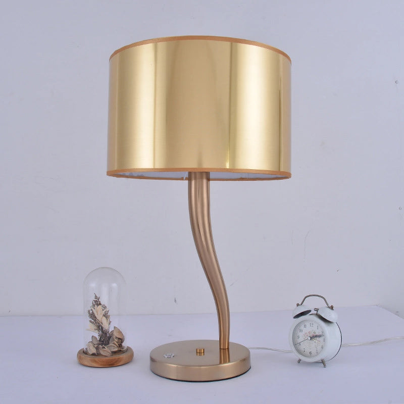 Modernist Gold Drum Nightstand Lamp - 1-Light Fabric Table Light For Living Room