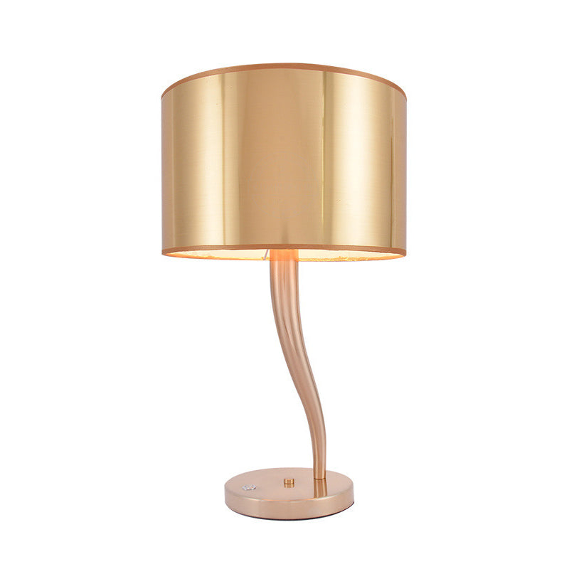 Modernist Gold Drum Nightstand Lamp - 1-Light Fabric Table Light For Living Room