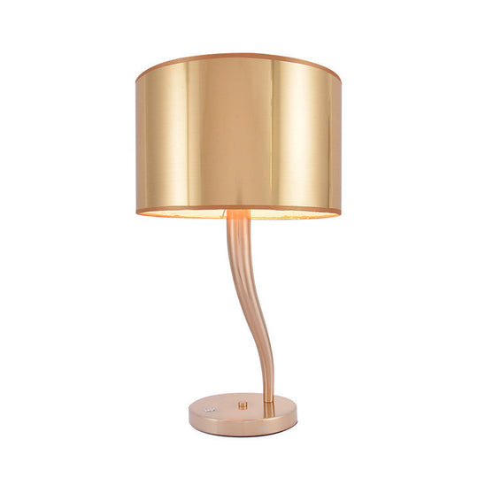 Modernist Gold Drum Nightstand Lamp - 1-Light Fabric Table Light For Living Room