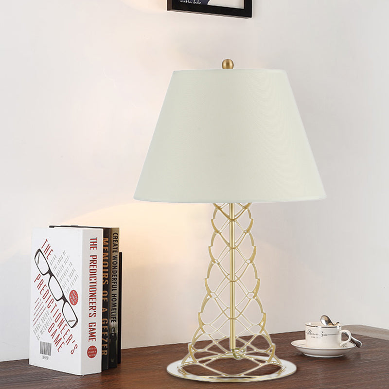 Modern 1-Head Table Lamp With Fabric Cone Shade White & Gold Nightstand Light