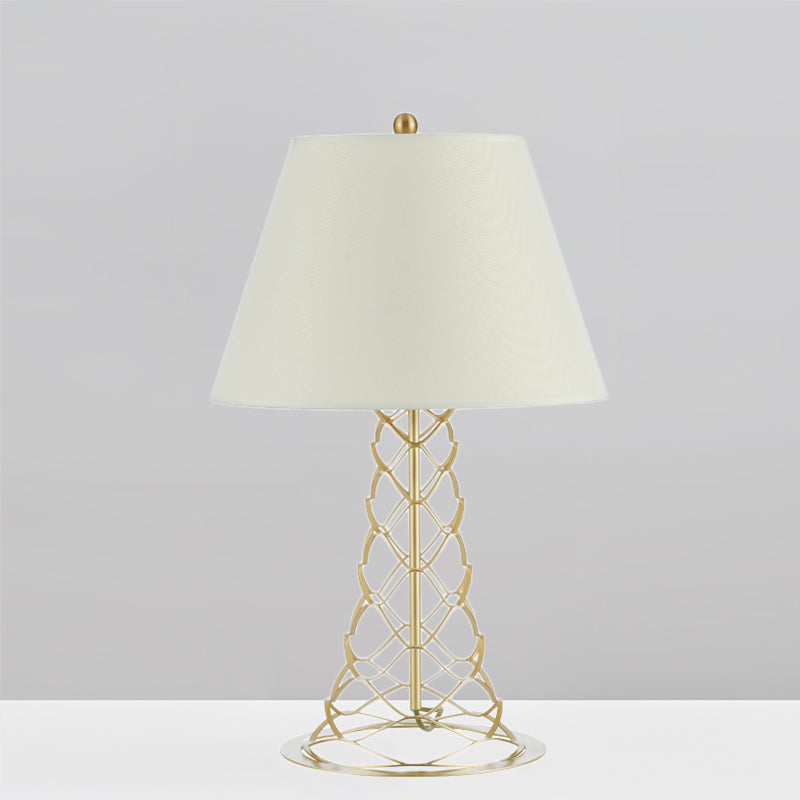 Modern 1-Head Table Lamp With Fabric Cone Shade White & Gold Nightstand Light