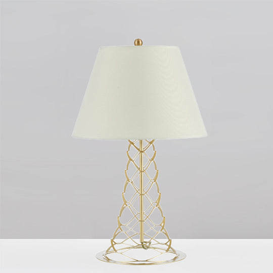 Modern 1-Head Table Lamp With Fabric Cone Shade White & Gold Nightstand Light