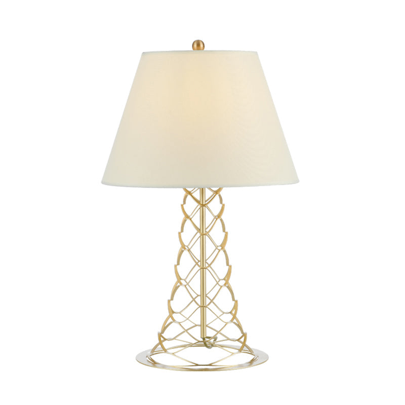 Modern 1-Head Table Lamp With Fabric Cone Shade White & Gold Nightstand Light