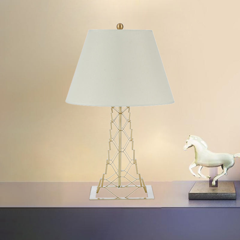 Modern Tower-Like Frame Gold Finish Night Lamp With White Fabric Shade - 1-Bulb Metal Table Lighting