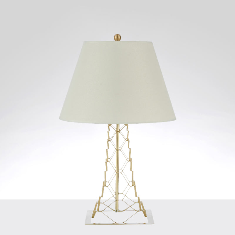 Modern Tower-Like Frame Gold Finish Night Lamp With White Fabric Shade - 1-Bulb Metal Table Lighting