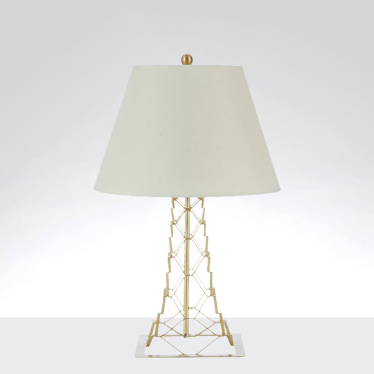 Modern Tower-Like Frame Gold Finish Night Lamp With White Fabric Shade - 1-Bulb Metal Table Lighting