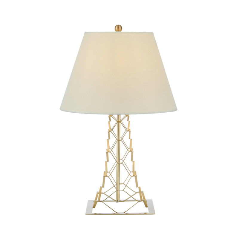 Modern Tower-Like Frame Gold Finish Night Lamp With White Fabric Shade - 1-Bulb Metal Table Lighting