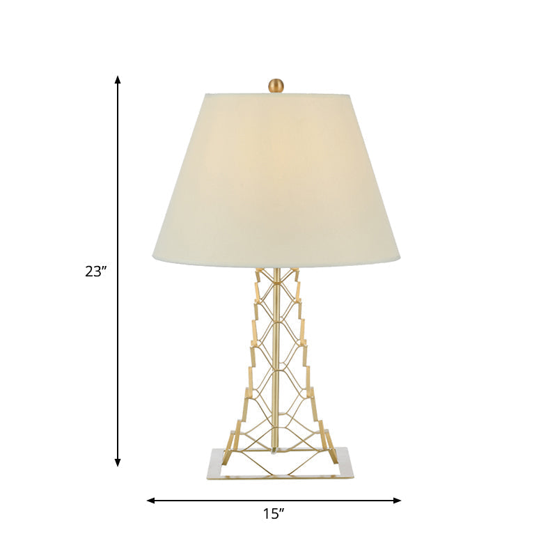 Modern Tower-Like Frame Gold Finish Night Lamp With White Fabric Shade - 1-Bulb Metal Table Lighting