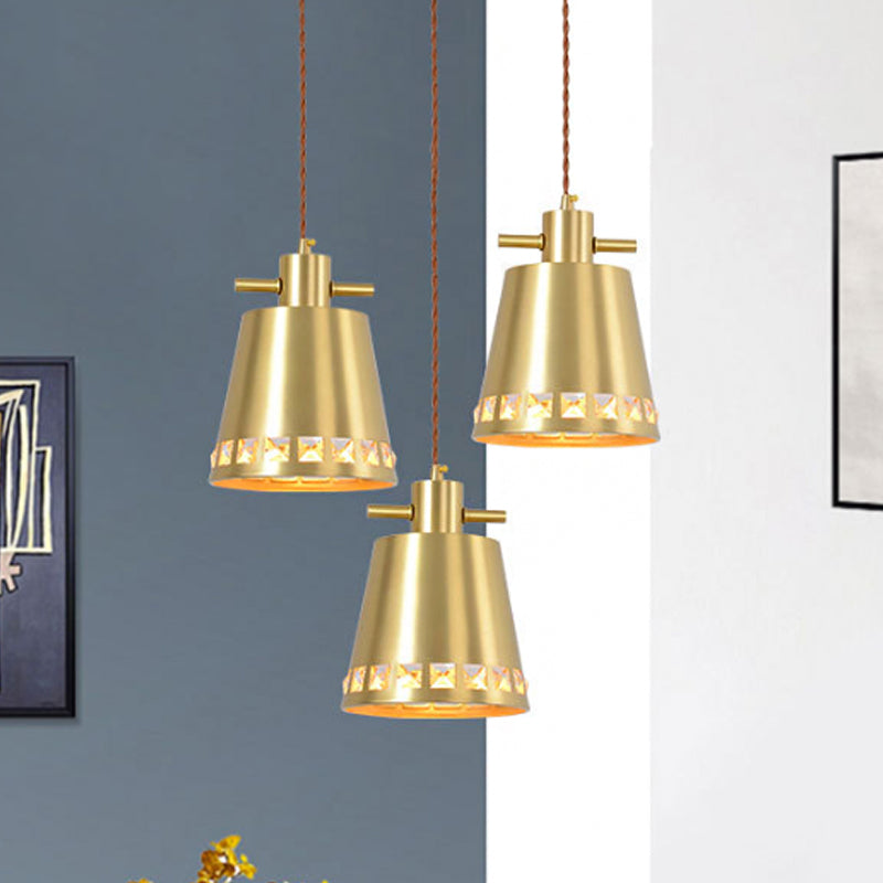 Modern Metal Conical Pendant with Crystal Embedded Edge Design - Brass Finish