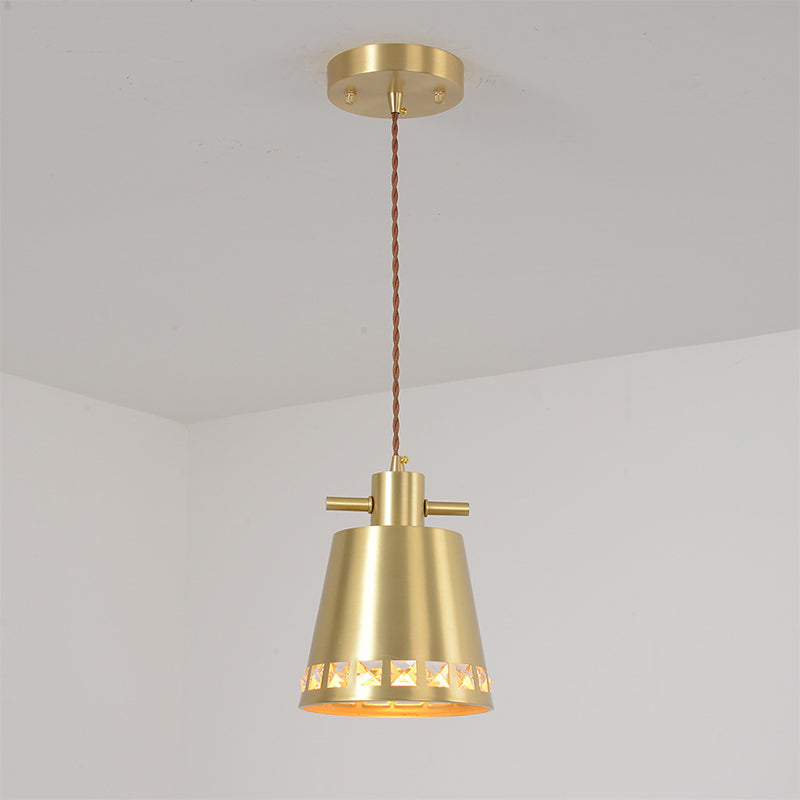 Modern Brass Pendant With Crystal Embedded Edge Design - Metal Conical Down Lighting