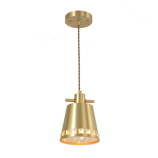 Modern Brass Pendant With Crystal Embedded Edge Design - Metal Conical Down Lighting