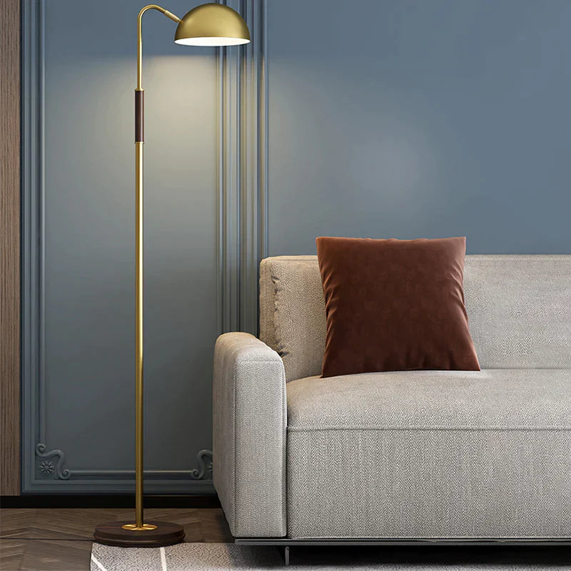 Brass Metal Floor Stand Lamp With Dome Shade - Single Light Postmodern Living Room Lighting