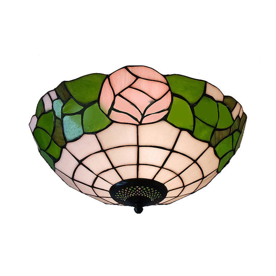 Rustic Lodge Stained Glass Rose Flush Ceiling Light - 2-Light Flush Mount for Bedroom