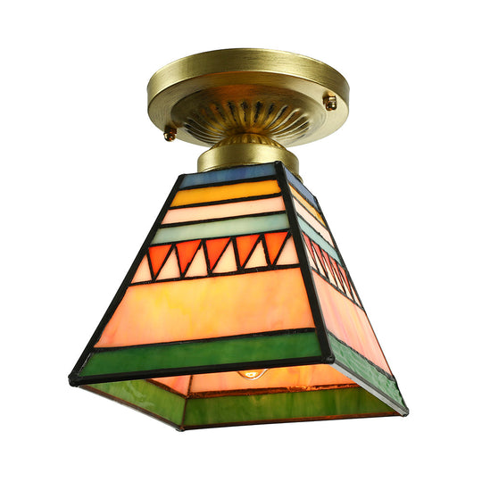 Mission Style Stained Glass Flush Ceiling Light in Brushed Brass – Trapezoid Mini