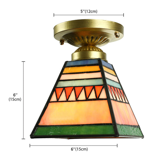 Mission Style Stained Glass Flush Ceiling Light In Brushed Brass Trapezoid Mini