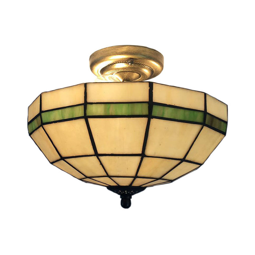 Traditional Beige Glass Bowl Indoor Semi Flush Light For Living Room