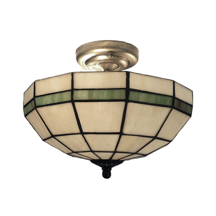 Traditional Beige Glass Bowl Indoor Semi Flush Light For Living Room