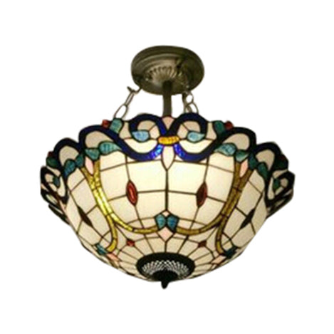 Victorian Bowl Stained Glass Semi Flush Mount Light For Living Room - Elegant Lighting Solution