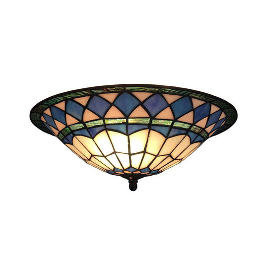 Handmade Mediterranean Tiffany Foyer Flush Light - Blue Glass Ceiling Fixture