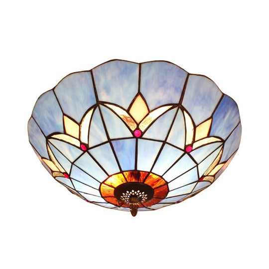 Tiffany Blue Glass Ceiling Lamp With 3 Bulbs - Traditional Flush Mount For Bedroom