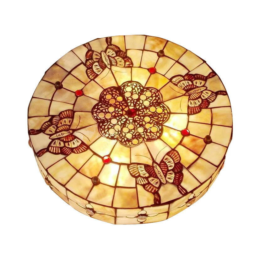 Rustic Lodge Butterfly Drum Flushmount Ceiling Light With Beige Glass - 4 Bulbs