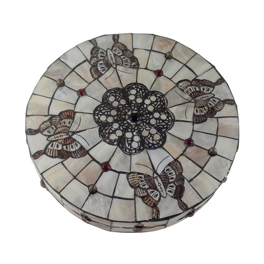 Rustic Lodge Butterfly Drum Flushmount Ceiling Light With Beige Glass - 4 Bulbs