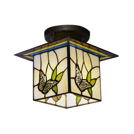 Mission Lodge Stained Glass Butterfly Flush Mount Light for Corridor