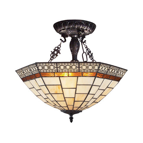 Traditional Stained Glass Living Room Semi-Flush Light - Beige Bowl Design