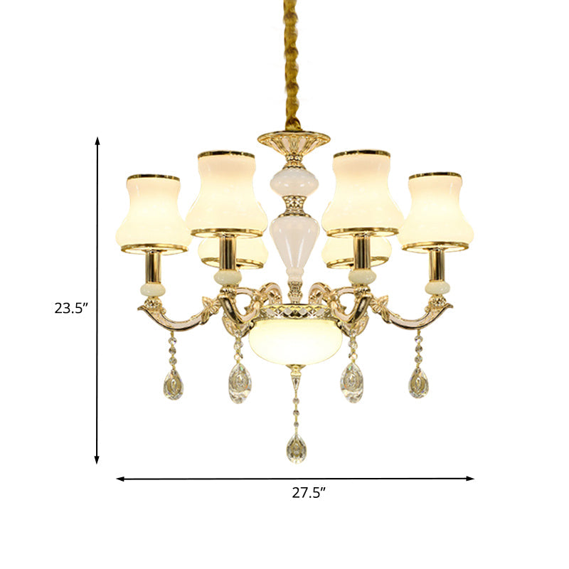 Contemporary Gold Ceiling Chandelier with 6 Lights, Milk Glass, and Crystal Pendant Lighting