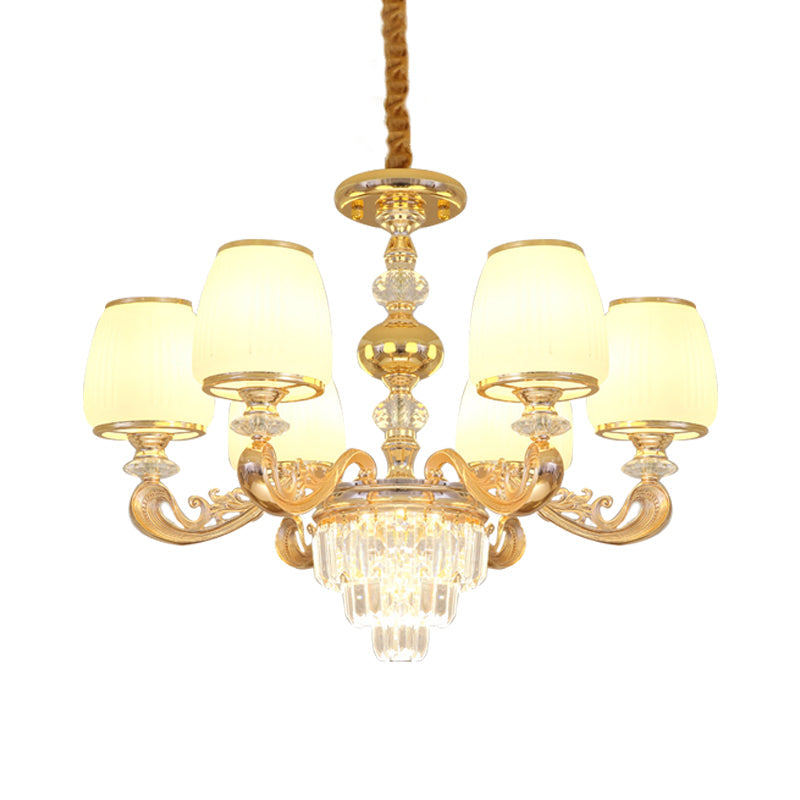 Modern Milk Glass Arm Chandelier With 6 Gold Crystal Bulbs - Elegant Bedroom Hanging Light