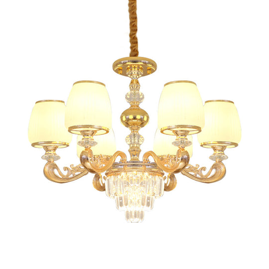 Modern Milk Glass Arm Chandelier With 6 Gold Crystal Bulbs - Elegant Bedroom Hanging Light