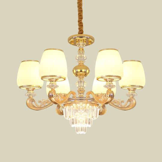 Modern Milk Glass Arm Chandelier With 6 Gold Crystal Bulbs - Elegant Bedroom Hanging Light