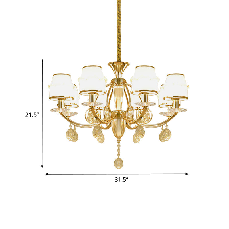 Modern 8-Light Gold Chandelier with White Glass Shade - Cut Crystal Hanging Lamp