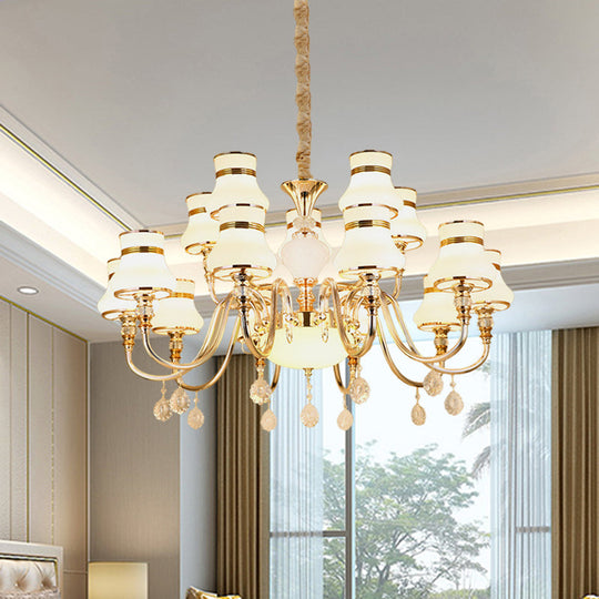 Sleek Curvy Arm Suspension Lamp With 15 Opal Glass Bulbs - Gold Finish