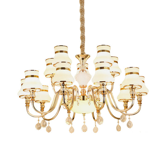 Curvy Arm Suspension Chandelier with 15 Opal Glass Bulbs - Gold Finish