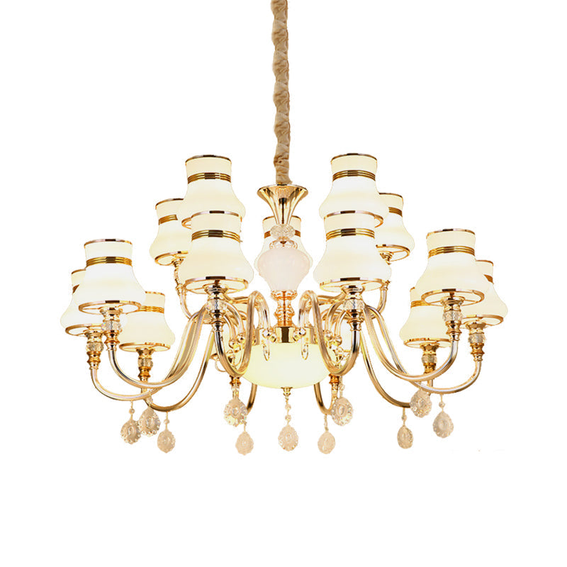 Sleek Curvy Arm Suspension Lamp With 15 Opal Glass Bulbs - Gold Finish