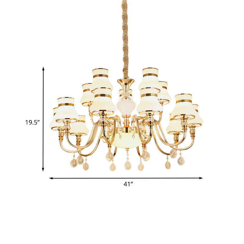 Curvy Arm Suspension Chandelier with 15 Opal Glass Bulbs - Gold Finish