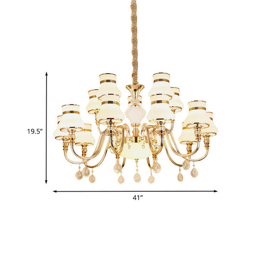 Curvy Arm Suspension Chandelier with 15 Opal Glass Bulbs - Gold Finish