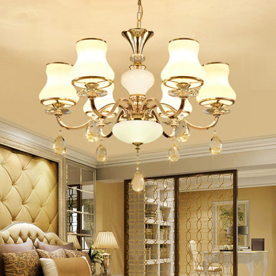 Sleek Opal Glass 6-Light Bedroom Crystal Chandelier – Champagne Bell Design