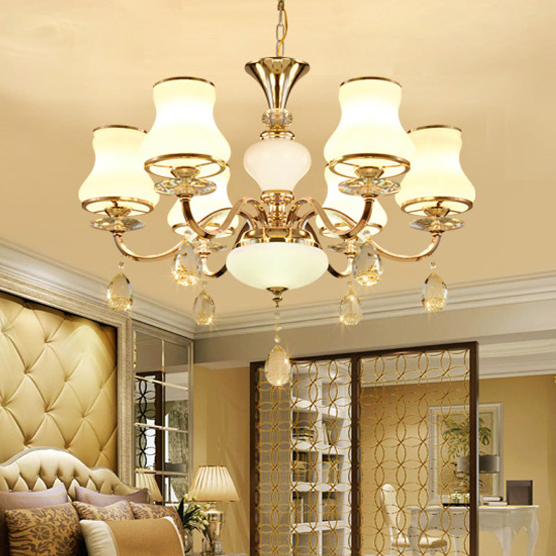 Sleek Opal Glass 6-Light Crystal Ceiling Light - Champagne Bell Hanging Chandelier For Bedrooms