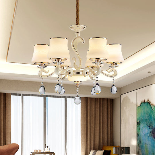 Beige 6-Light Ceiling Lamp - Minimalist Cream Glass Bell Crystal Chandelier Pendant