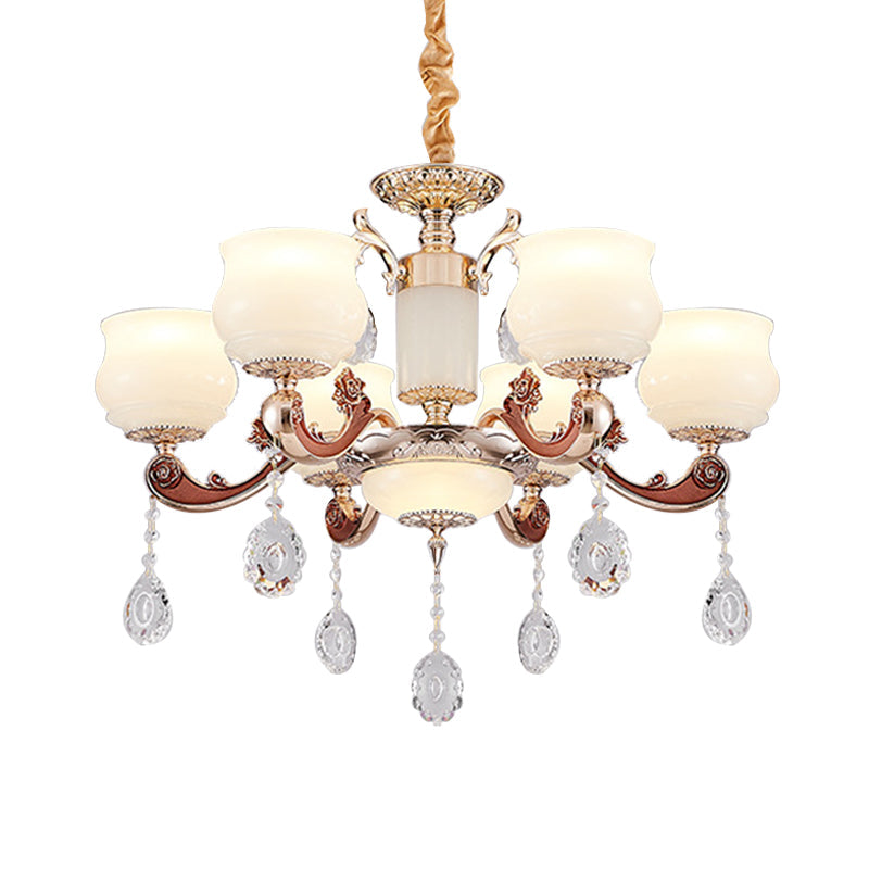 Modern Simplicity Bud Pendant Lighting Chandelier With 6 Bulbs And Milk Glass Crystal In Champagne