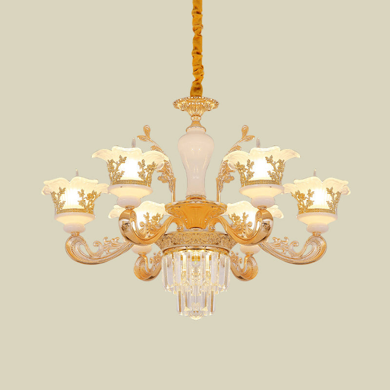 Modern Crystal Chandelier with Carved Frosted Glass Shade - 6 Bulbs Pendant in Gold for Bedroom