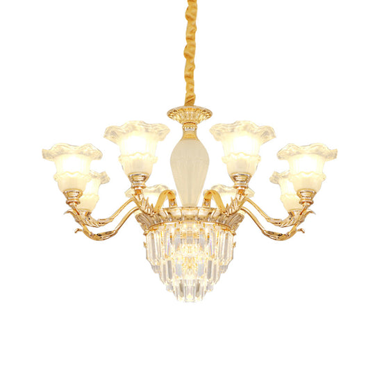 Modern Gold Crystal Chandelier With Frosted Glass Shades - Blossom Living Room Pendant Lamp (8