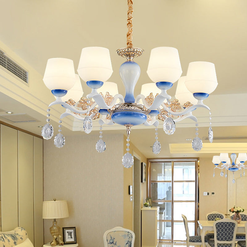 Modern Tapered Pendant Chandelier With 8 Bulbs Ivory Glass Crystal Suspension Light In Blue & White