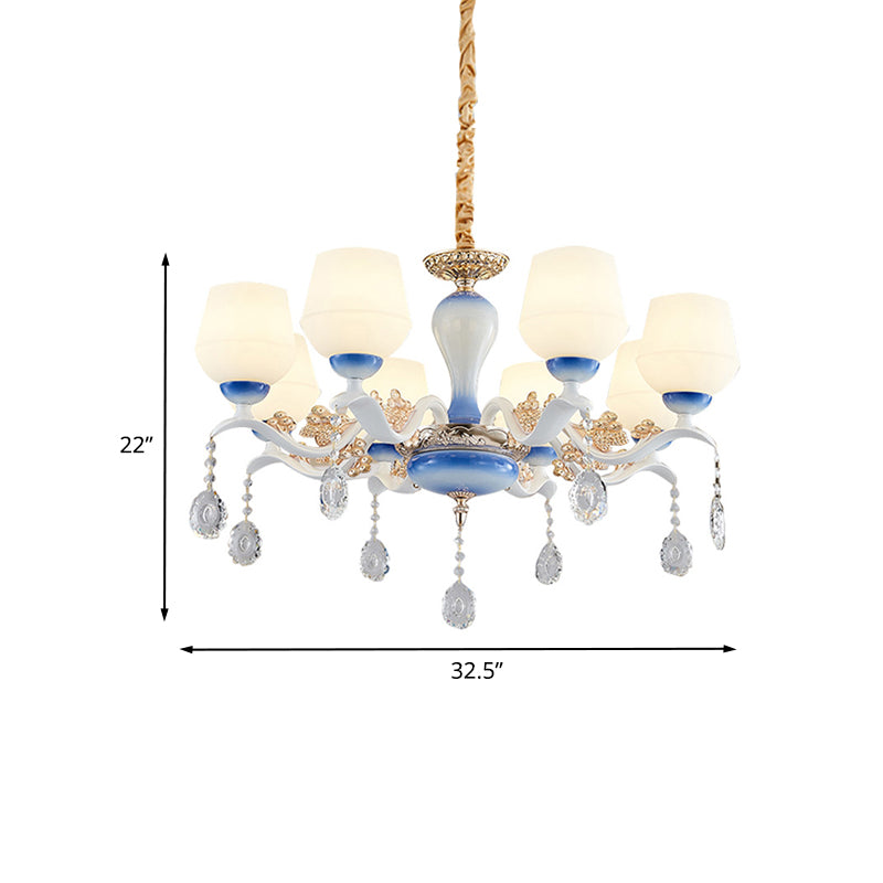 Modern Tapered Pendant Chandelier - 8 Bulbs Ivory Glass Crystal Suspension Light (Blue/White)